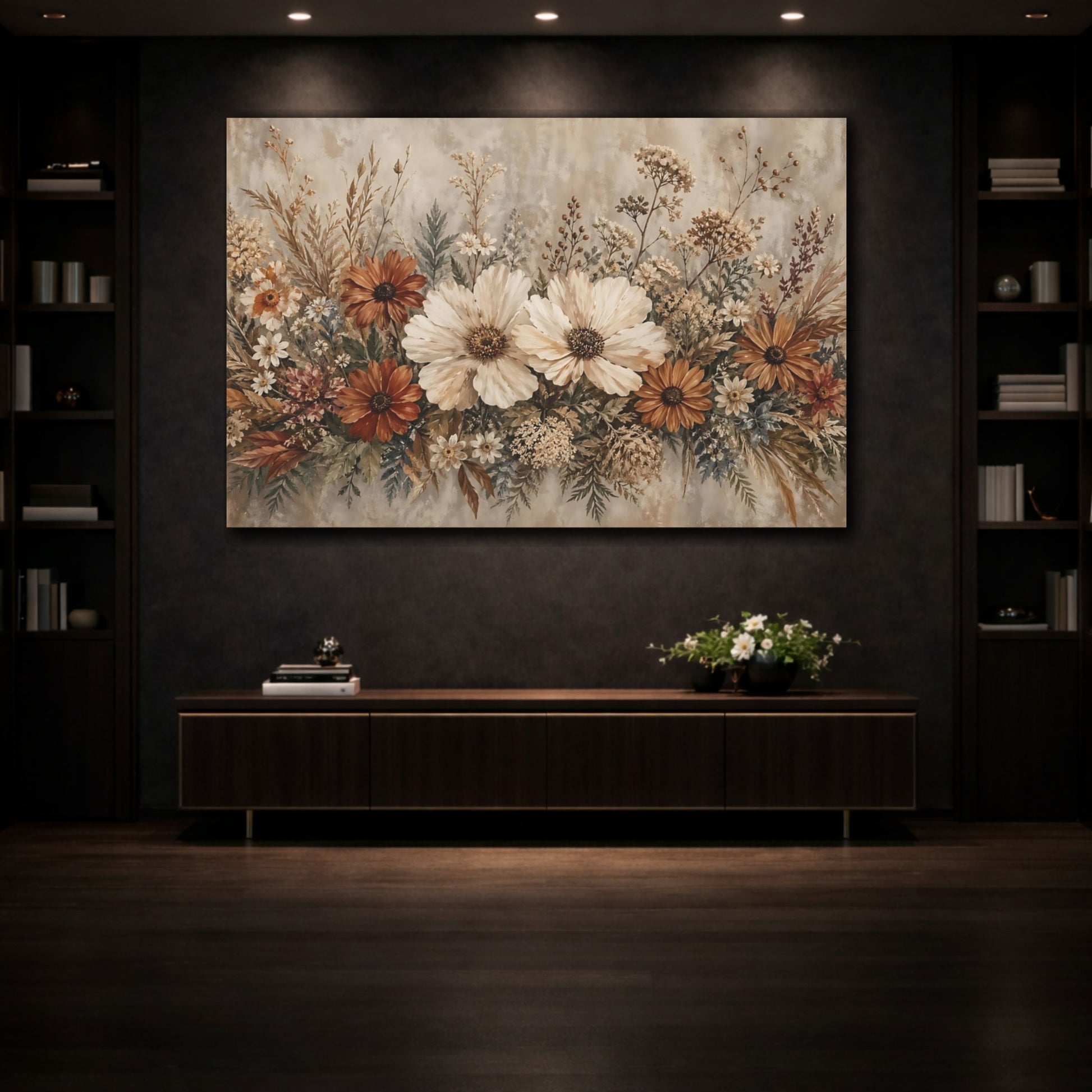 Mockup 3. Floral Wildflower Bouquet Earthy Tones Floral shown as stretched canvas wall art