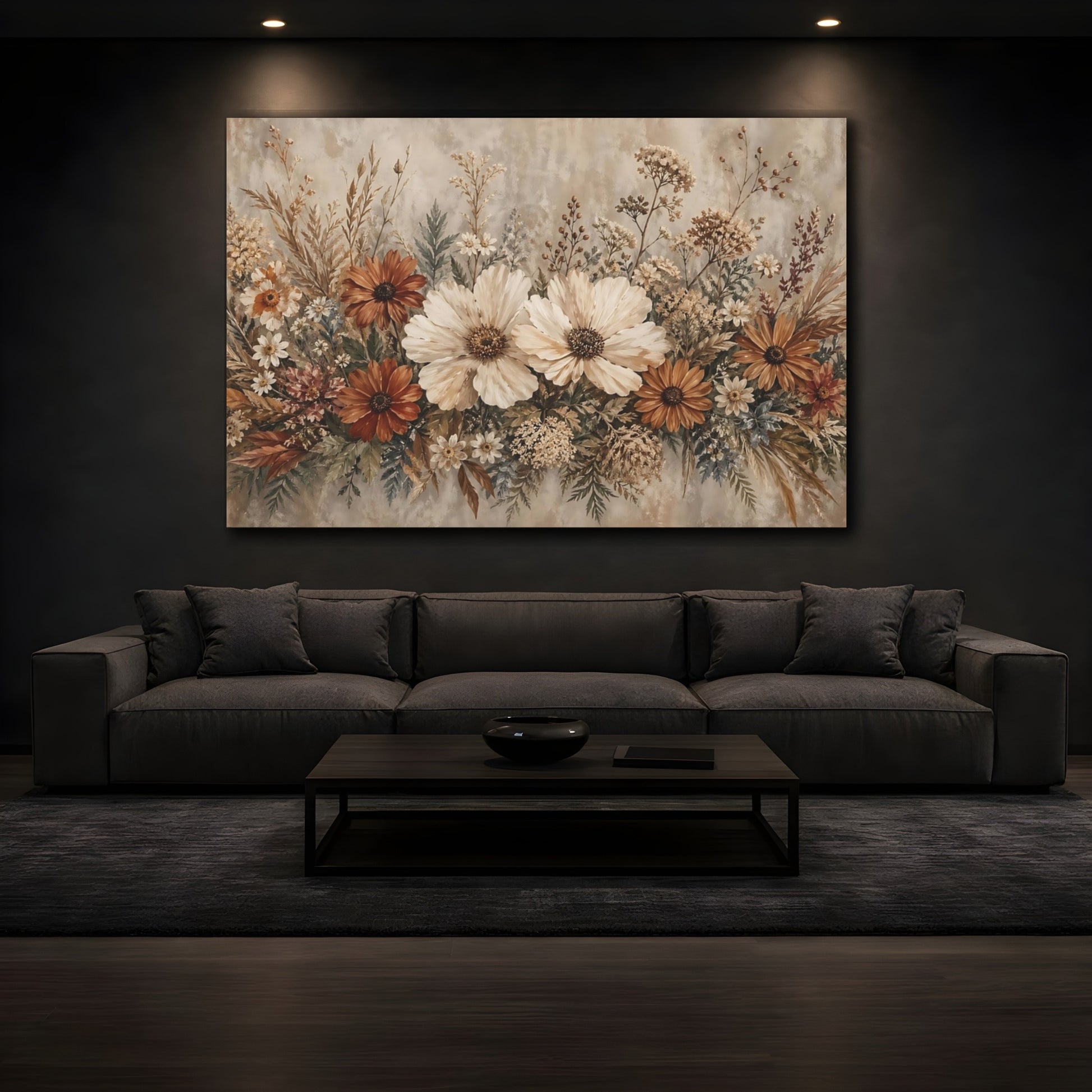 Mockup 4. Floral Wildflower Bouquet Earthy Tones Floral shown as stretched canvas wall art