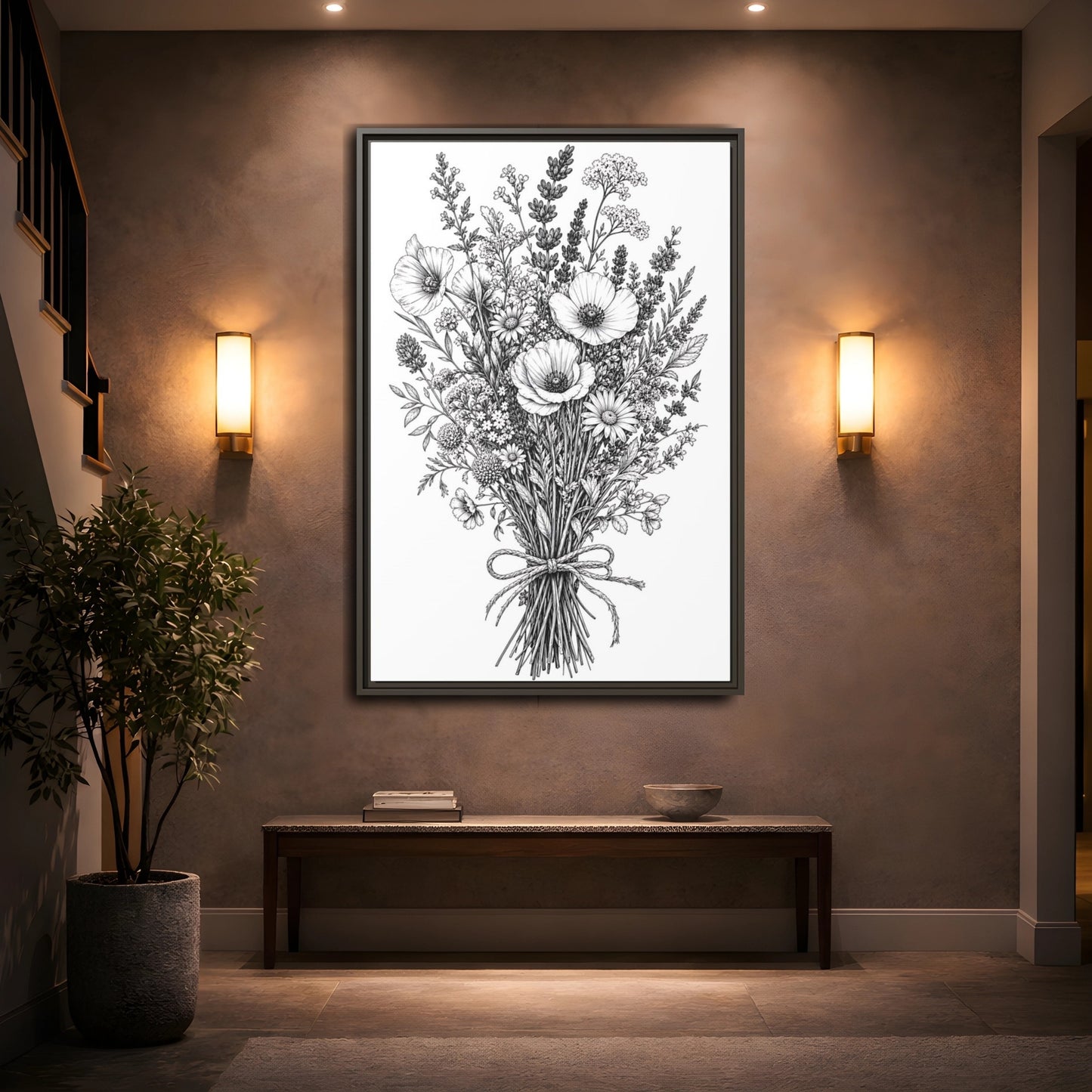 Mockup 2. Floral Wildflower Bouquet Monochrome Floral shown as framed canvas print