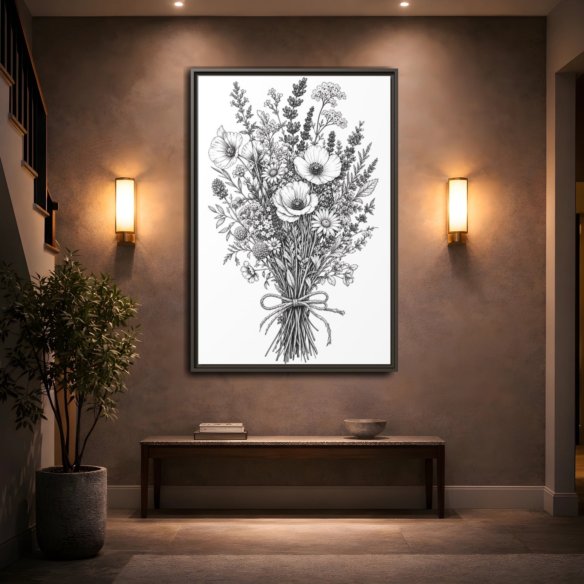 Mockup 2. Floral Wildflower Bouquet Monochrome Floral shown as framed canvas print
