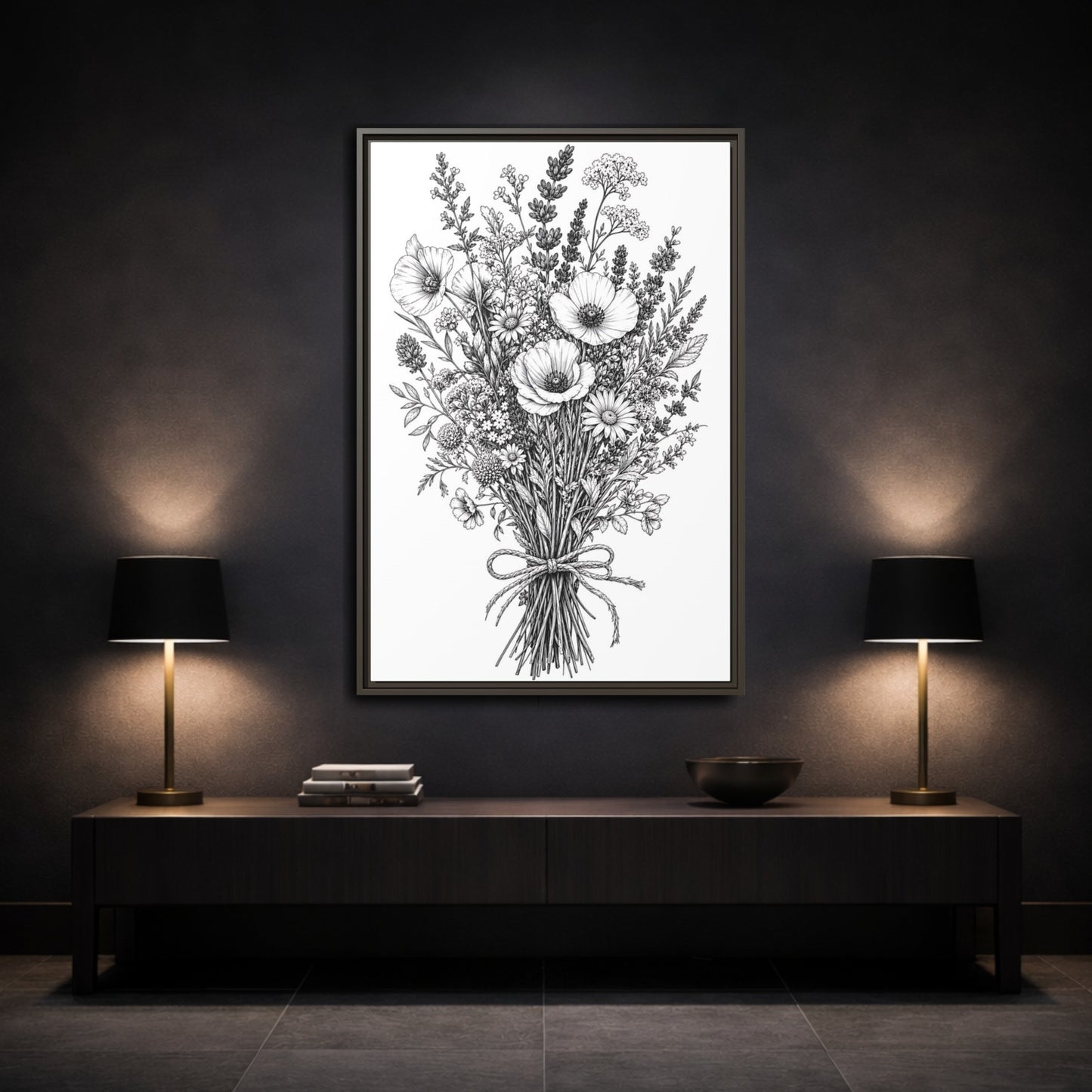 Mockup 3. Floral Wildflower Bouquet Monochrome Floral shown as framed canvas print