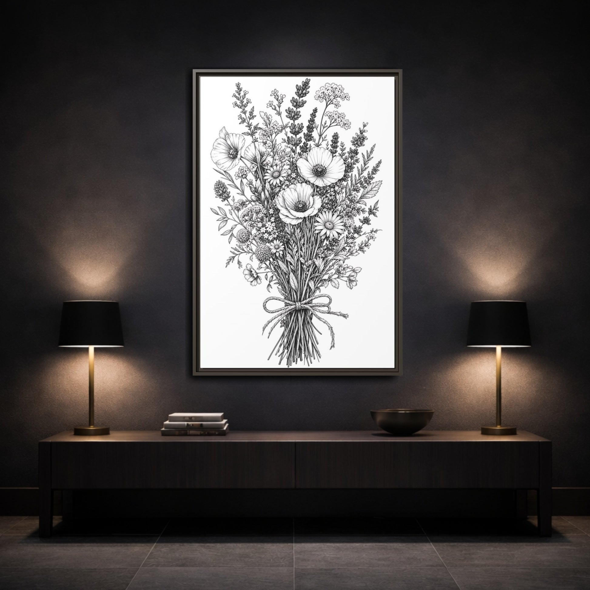 Mockup 3. Floral Wildflower Bouquet Monochrome Floral shown as framed canvas print