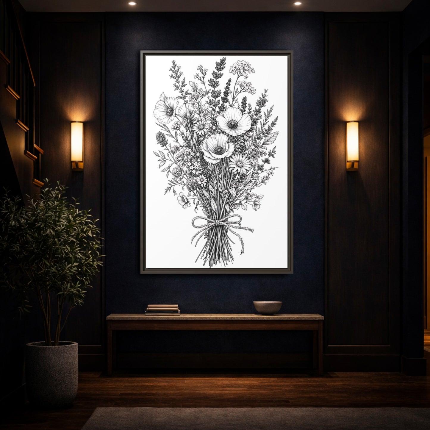 Mockup 4. Floral Wildflower Bouquet Monochrome Floral shown as framed canvas print