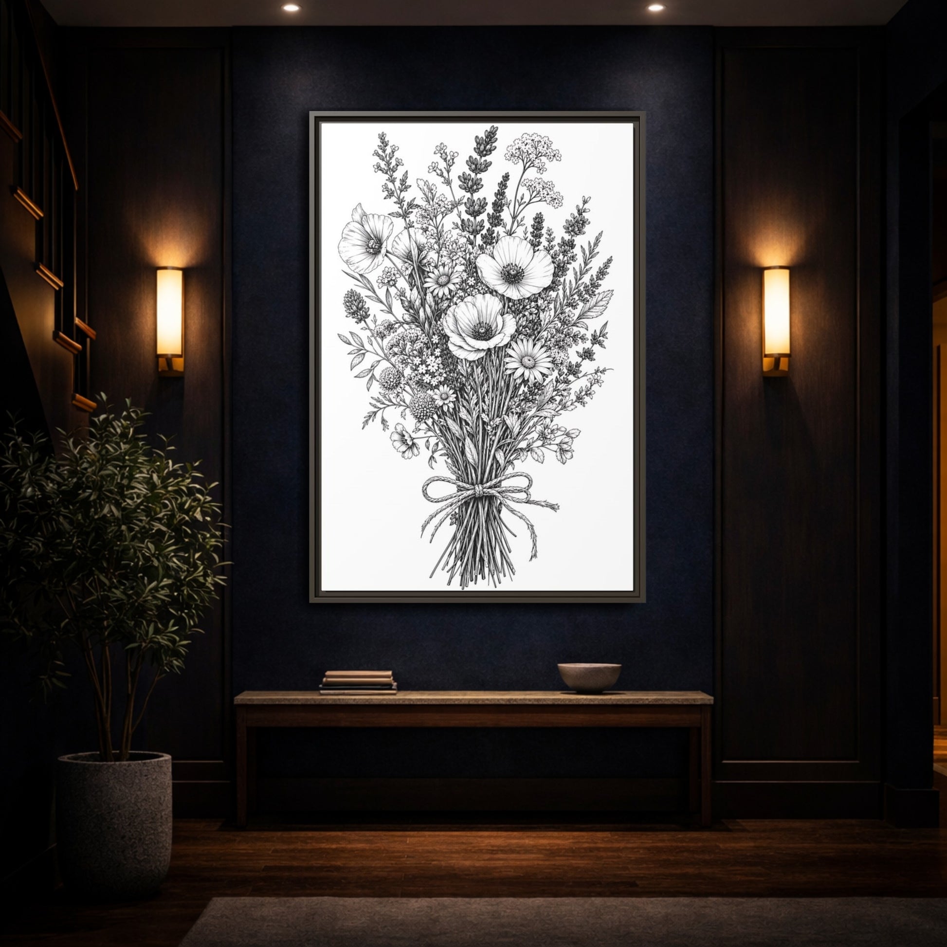 Mockup 4. Floral Wildflower Bouquet Monochrome Floral shown as framed canvas print