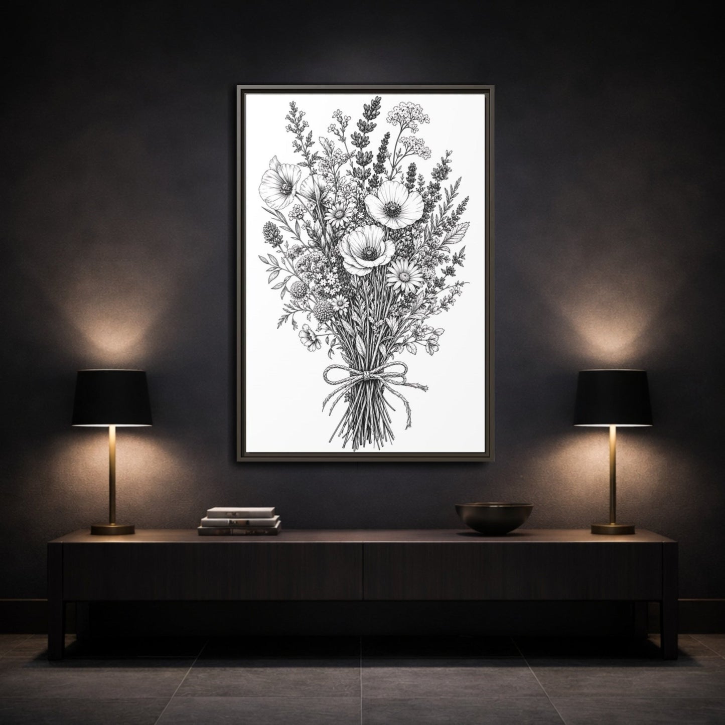 Floral Wildflower Bouquet Monochrome Framed Canvas Print – Line Art Decor for Living Room, Above Console Table - YesArtYes