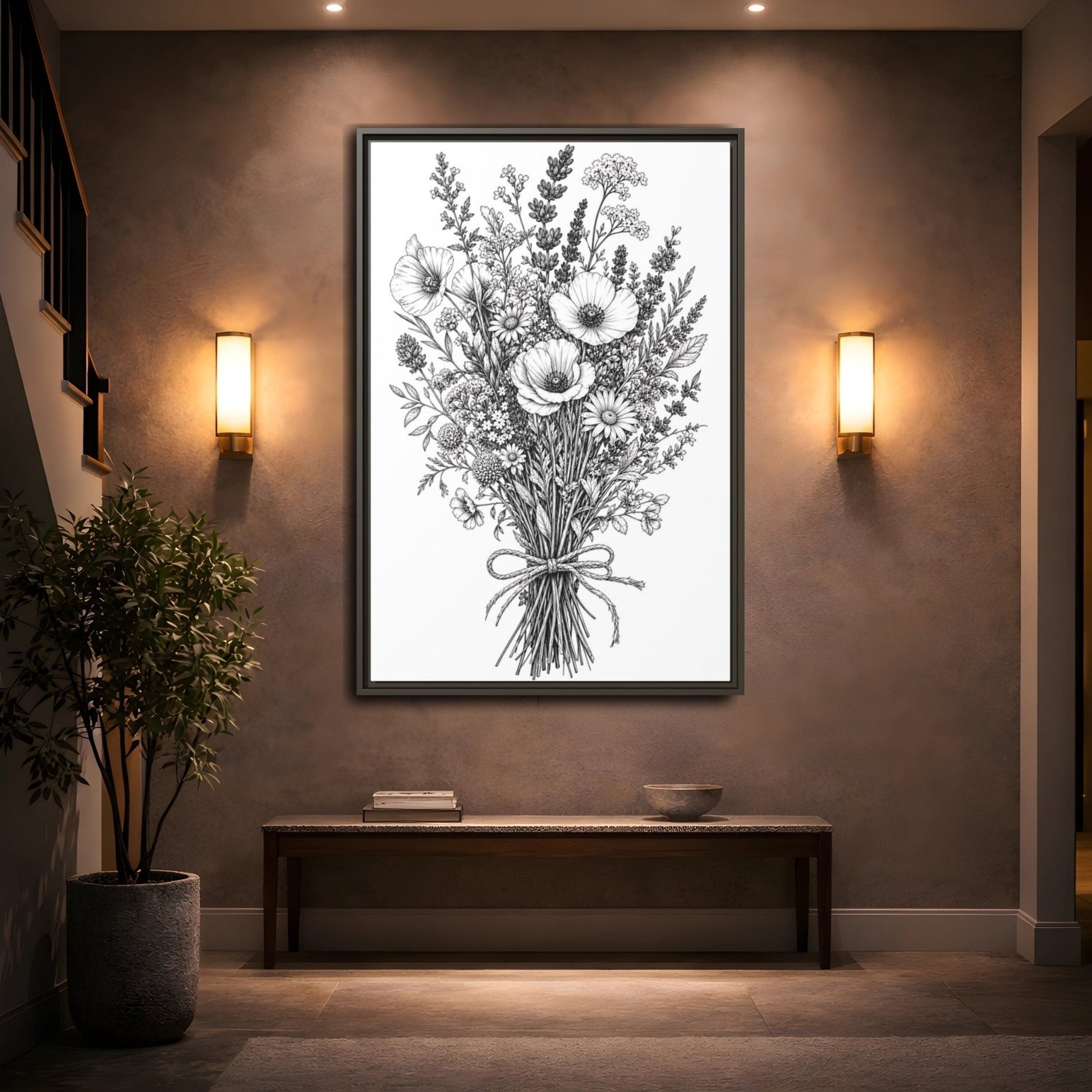 Floral Wildflower Bouquet Monochrome Framed Canvas Print – Line Art Decor for Living Room, Above Console Table - YesArtYes