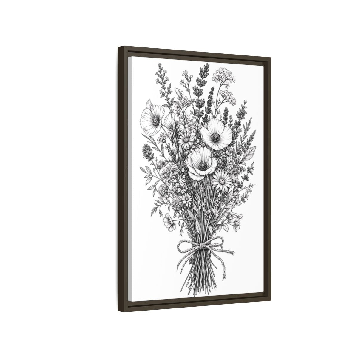 Floral Wildflower Bouquet Monochrome Framed Canvas Print – Line Art Decor for Living Room, Above Console Table - YesArtYes