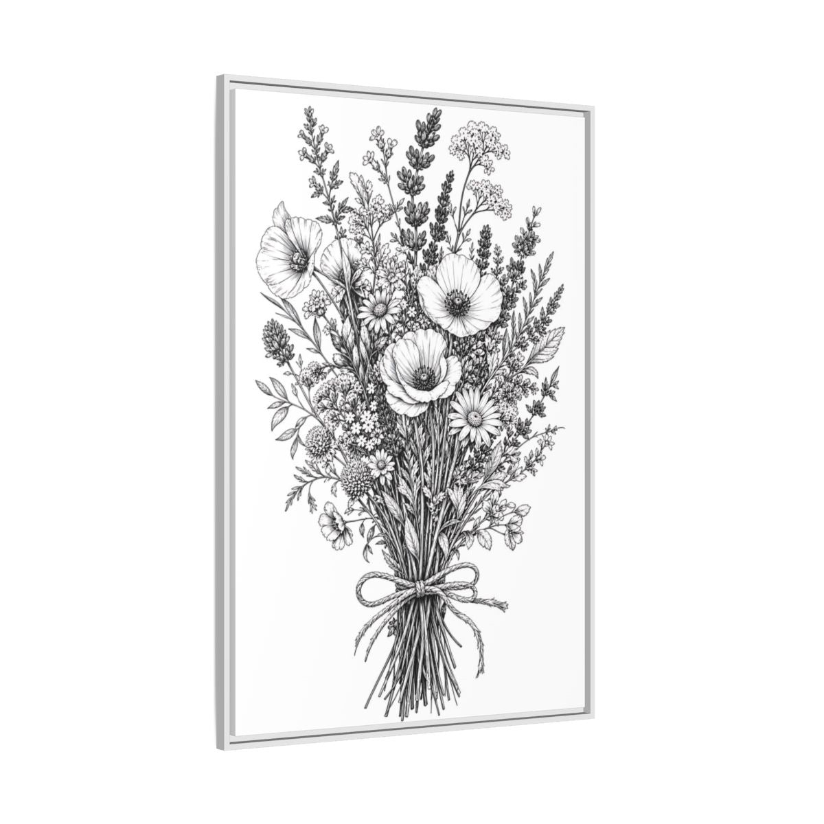Side Mockup 7. Floral Wildflower Bouquet Monochrome Floral shown as framed canvas print