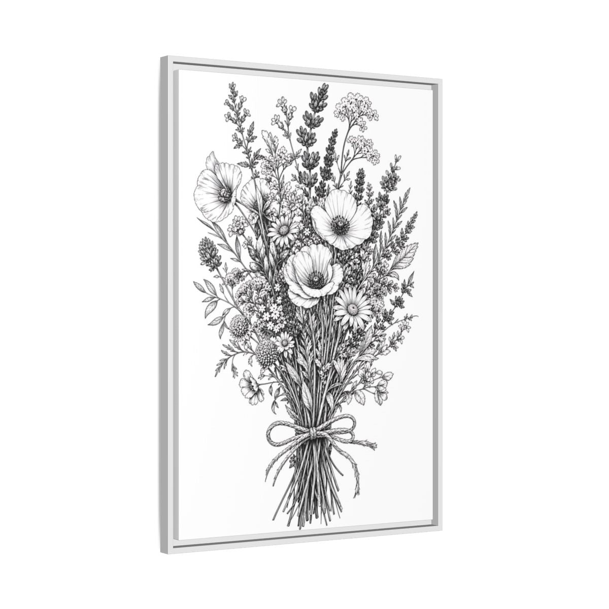 Side Mockup 9. Floral Wildflower Bouquet Monochrome Floral shown as framed canvas print