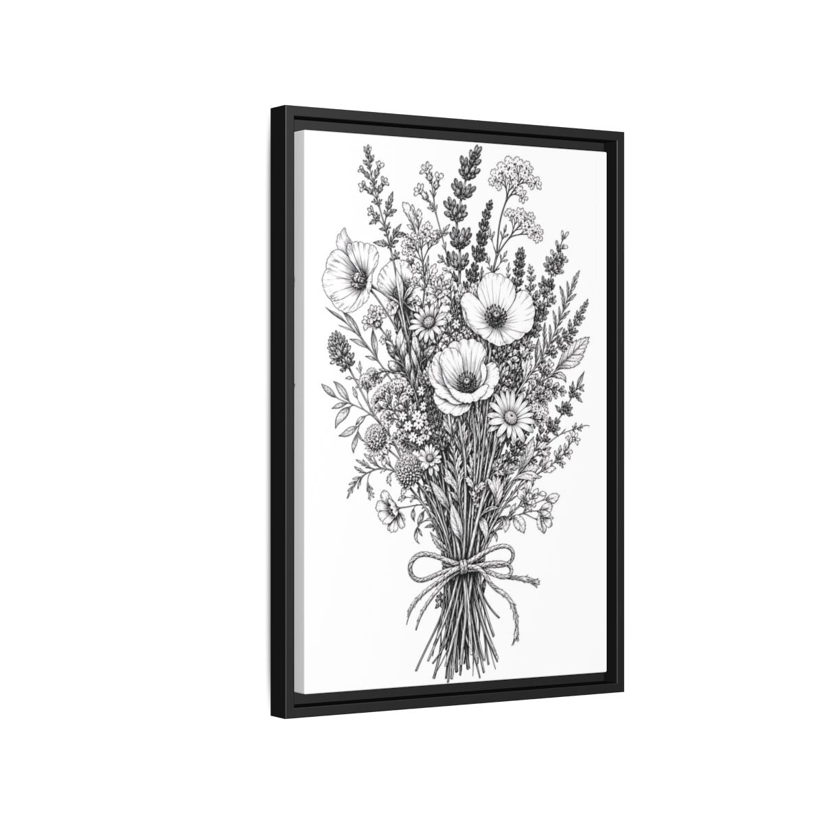 Side Mockup 3. Floral Wildflower Bouquet Monochrome Floral shown as framed canvas print