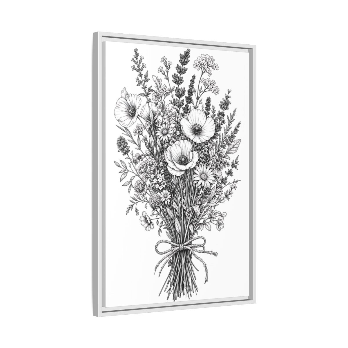 Side Mockup 10. Floral Wildflower Bouquet Monochrome Floral shown as framed canvas print