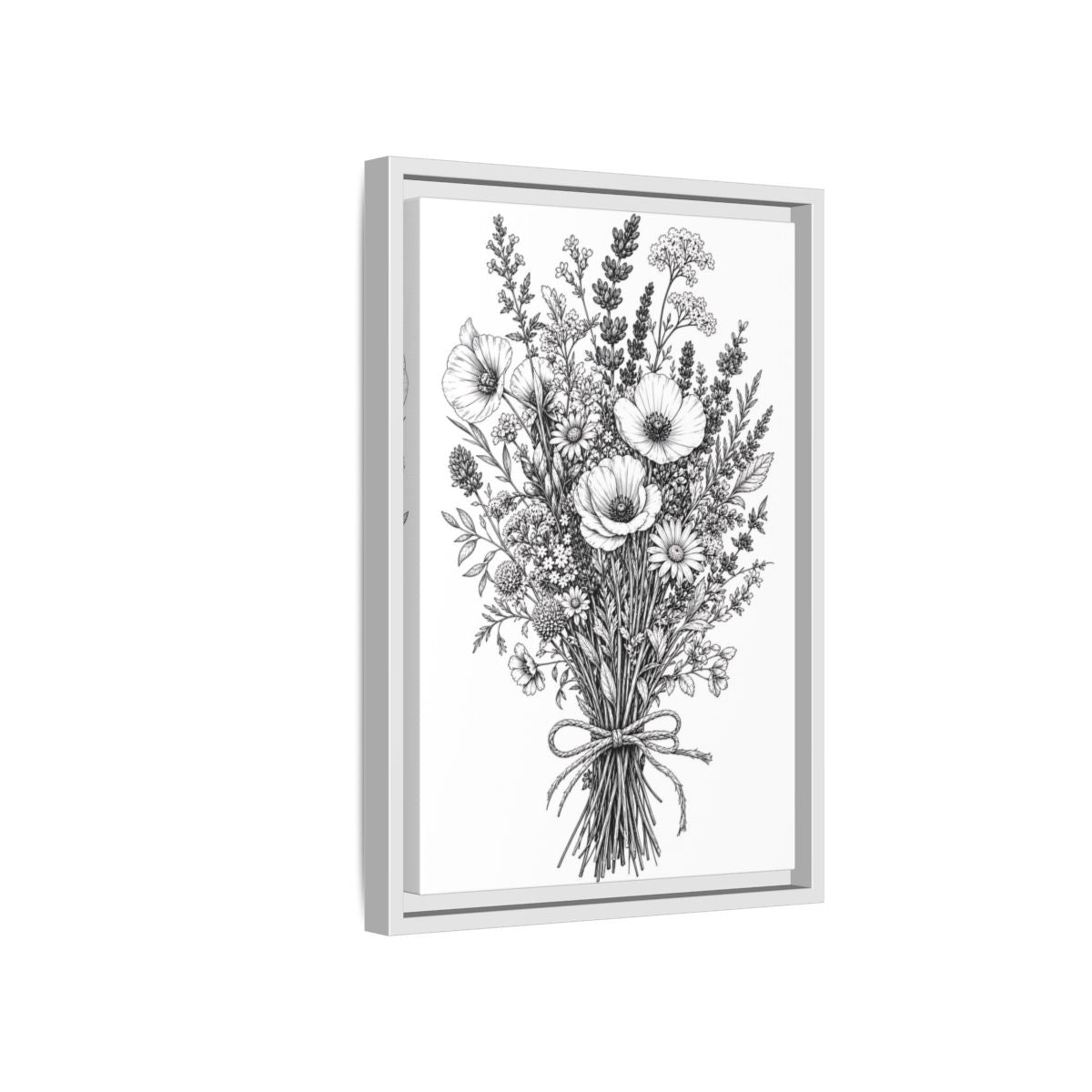 Side Mockup 4. Floral Wildflower Bouquet Monochrome Floral shown as framed canvas print