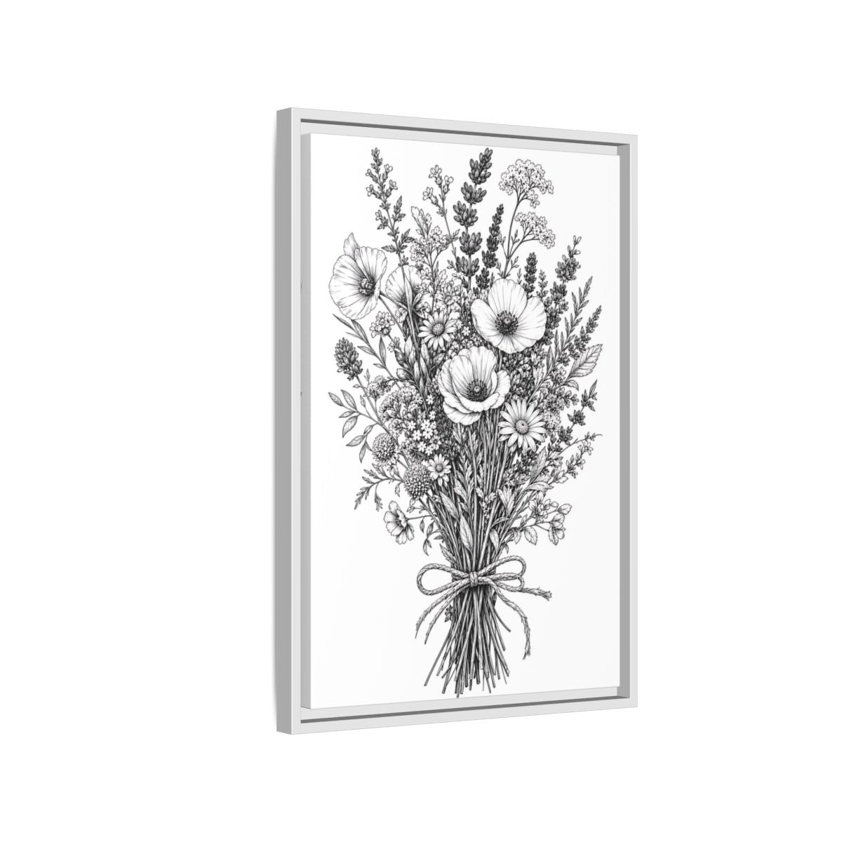 Side Mockup 1. Floral Wildflower Bouquet Monochrome Floral shown as framed canvas print