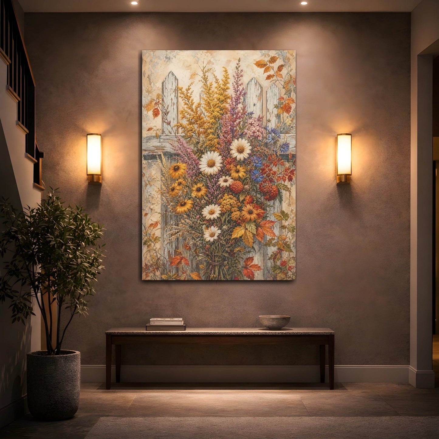 Floral Wildflower Bouquet Rustic Autumn Flowers Canvas Print Wall Art – painterly Living Room, Large - YesArtYes