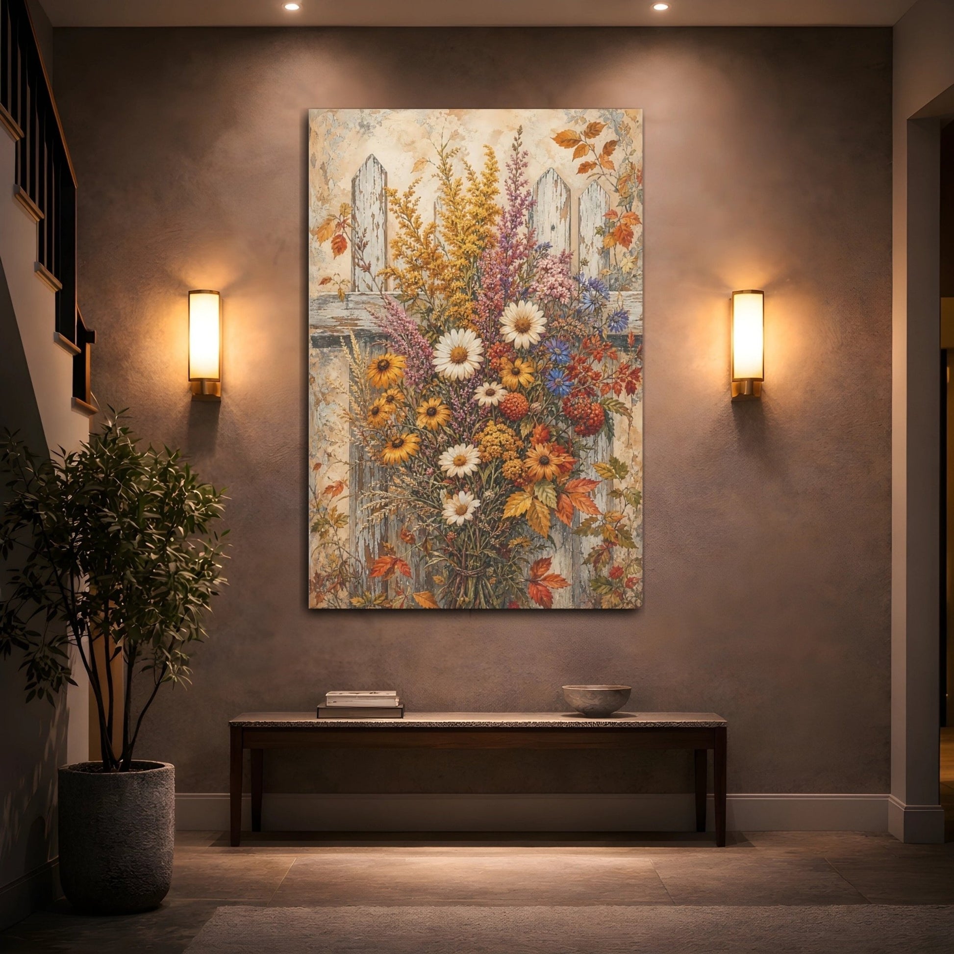 Floral Wildflower Bouquet Rustic Autumn Flowers Canvas Print Wall Art – painterly Living Room, Large - YesArtYes