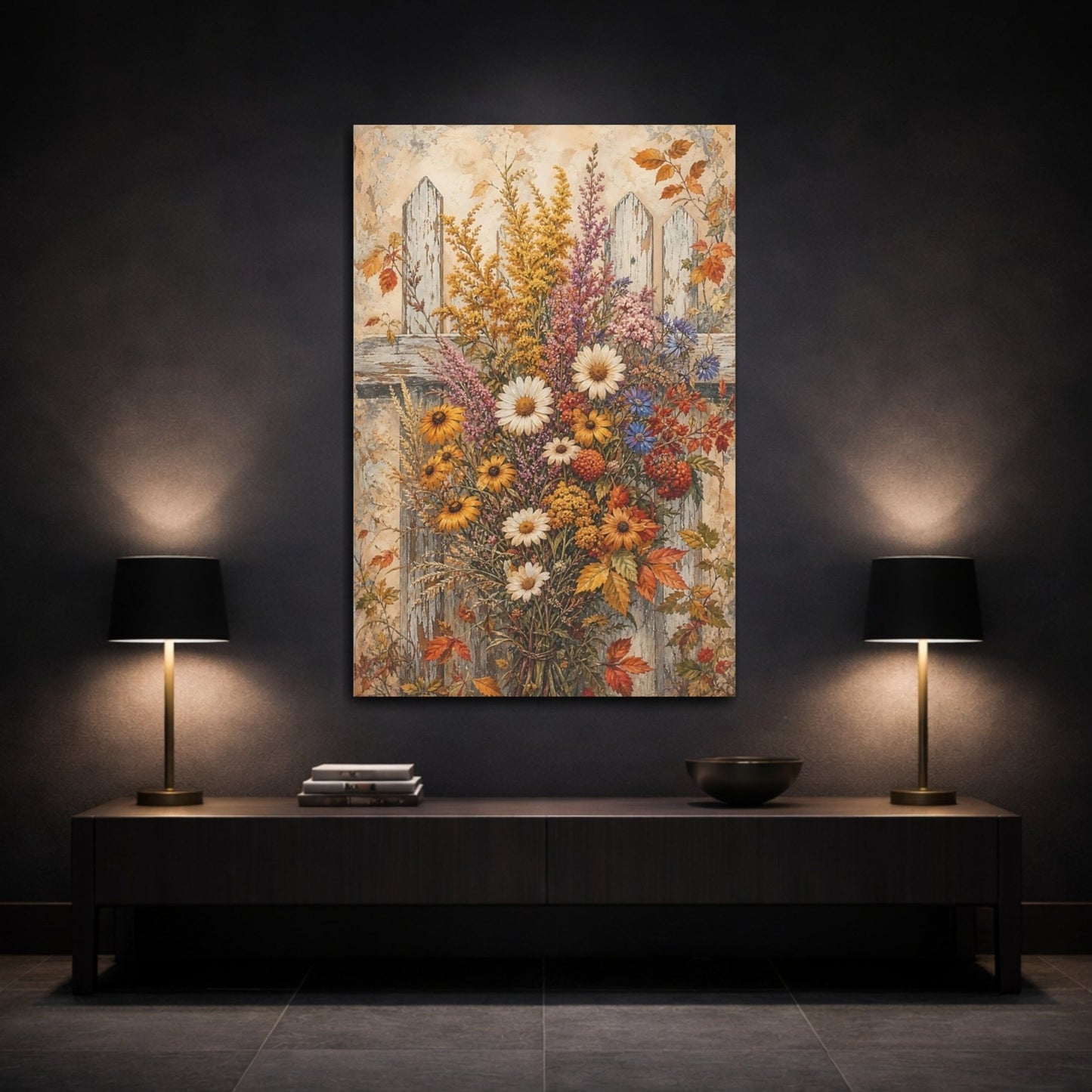 Floral Wildflower Bouquet Rustic Autumn Flowers Canvas Print Wall Art – painterly Living Room, Large - YesArtYes