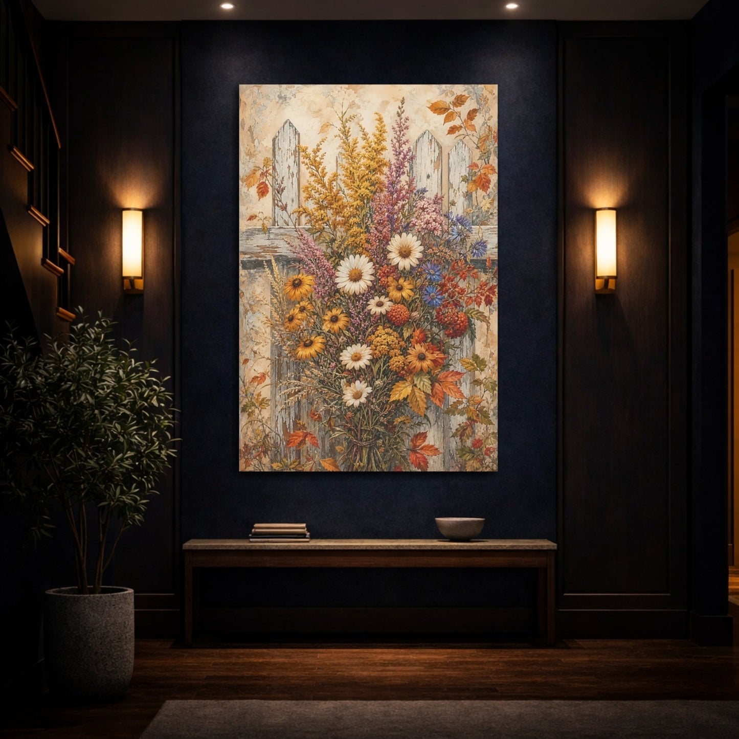 Floral Wildflower Bouquet Rustic Autumn Flowers Canvas Print Wall Art – painterly Living Room, Large - YesArtYes
