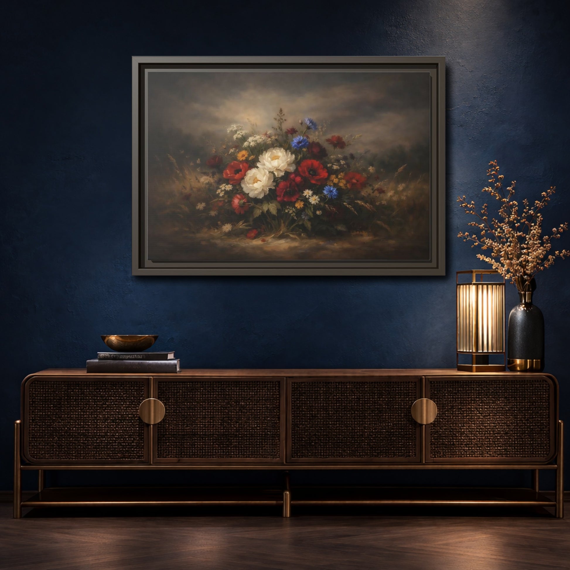 Mockup 4. Floral Wildflower Bouquet Vintage Floral shown as stretched canvas wall art