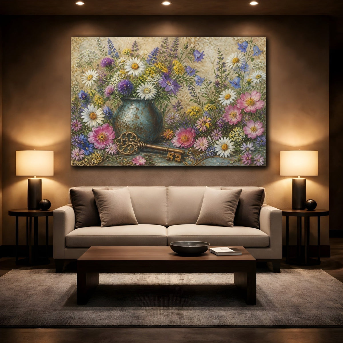Floral Wildflower Bouquet With Key Canvas Print Wall Art – Living Room Decor, Above Sofa - YesArtYes