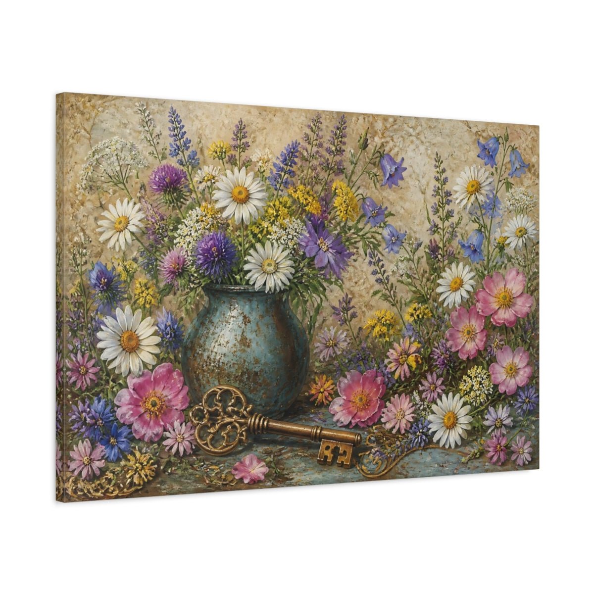 Floral Wildflower Bouquet With Key Canvas Print Wall Art – Living Room Decor, Above Sofa - YesArtYes