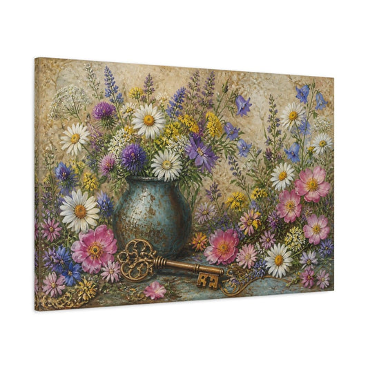 Floral Wildflower Bouquet With Key Canvas Print Wall Art – Living Room Decor, Above Sofa - YesArtYes