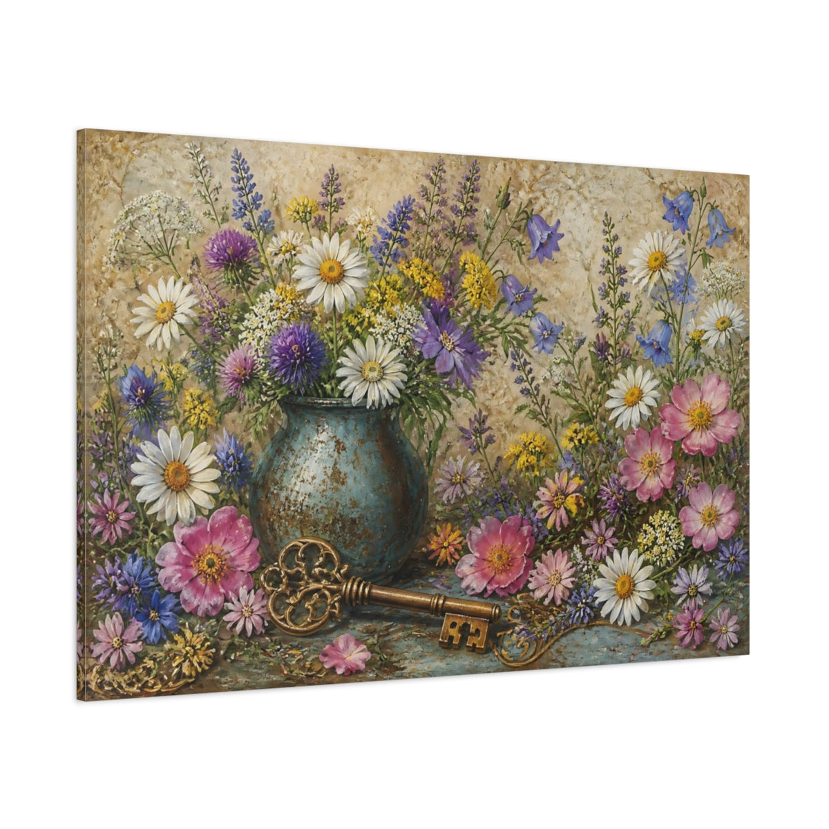 Side Mockup 1. Floral Wildflower Bouquet With Key shown as canvas print
