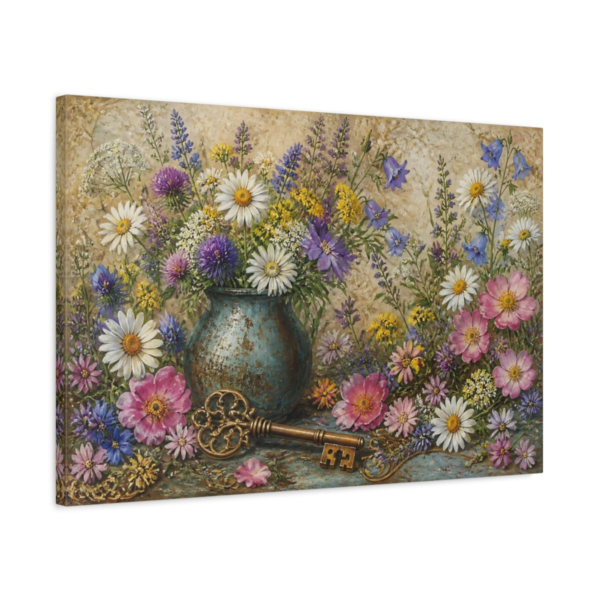 Side Mockup 2. Floral Wildflower Bouquet With Key shown as canvas print