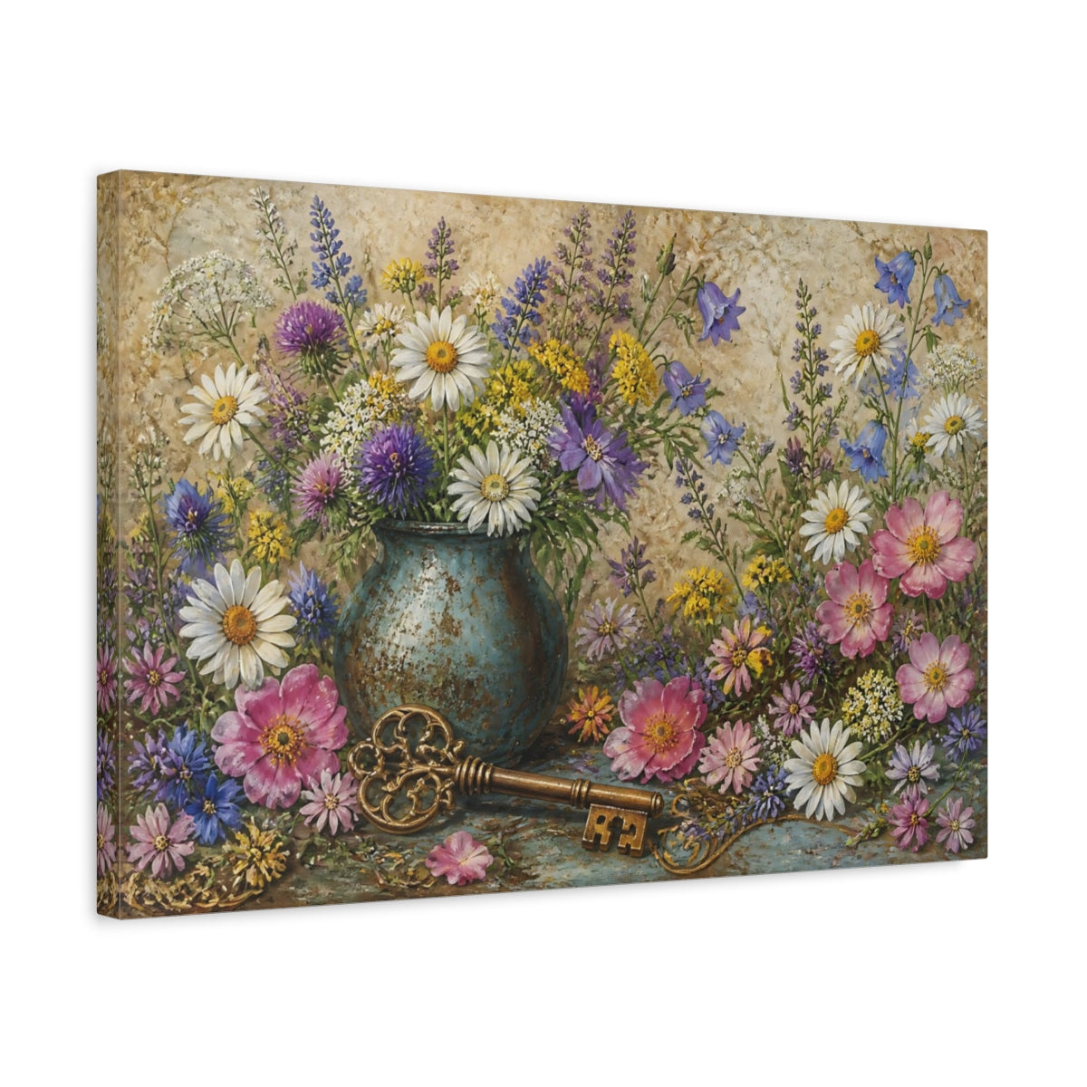 Side Mockup 3. Floral Wildflower Bouquet With Key shown as canvas print