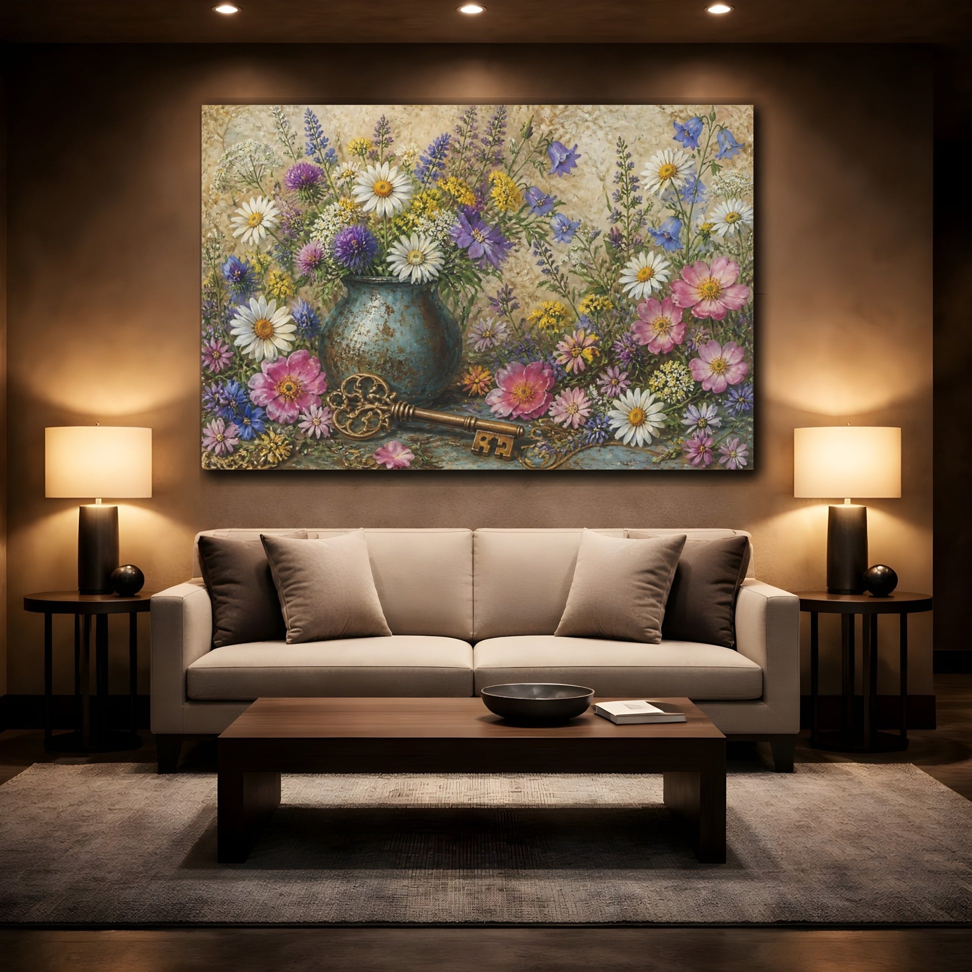 Mockup 2. Floral Wildflower Bouquet With Key shown as canvas print