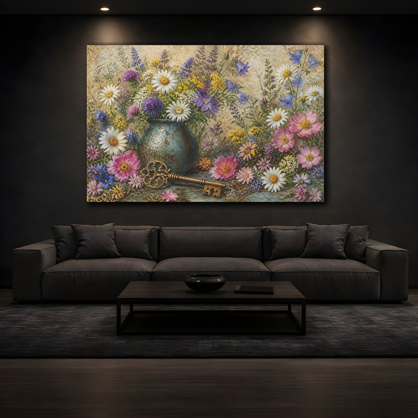 Mockup 3. Floral Wildflower Bouquet With Key shown as canvas print