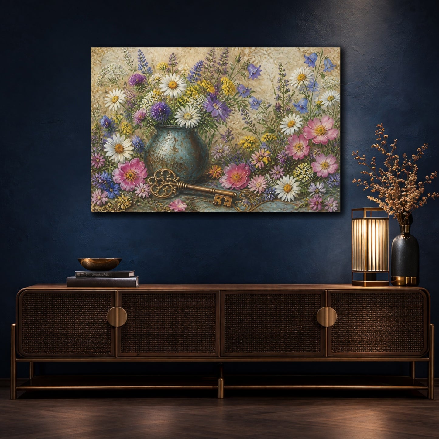 Mockup 4. Floral Wildflower Bouquet With Key shown as canvas print