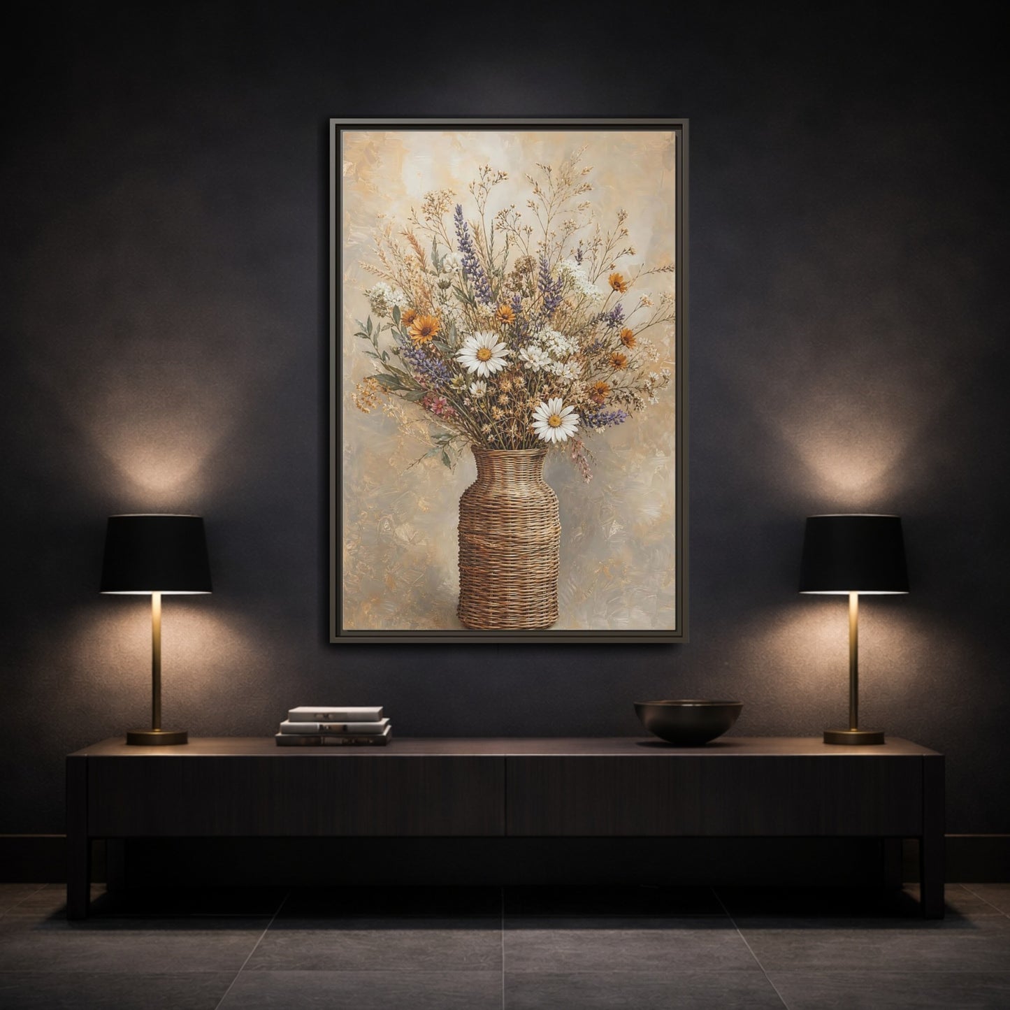 Mockup 3. Floral Wildflowers Brown Beige Floral shown as framed canvas print