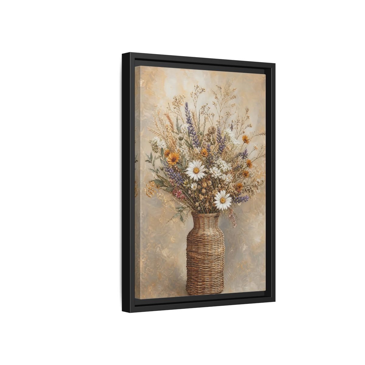 Floral Wildflowers Brown Beige Framed Canvas Print – Rustic Living Room, Above Couch - YesArtYes