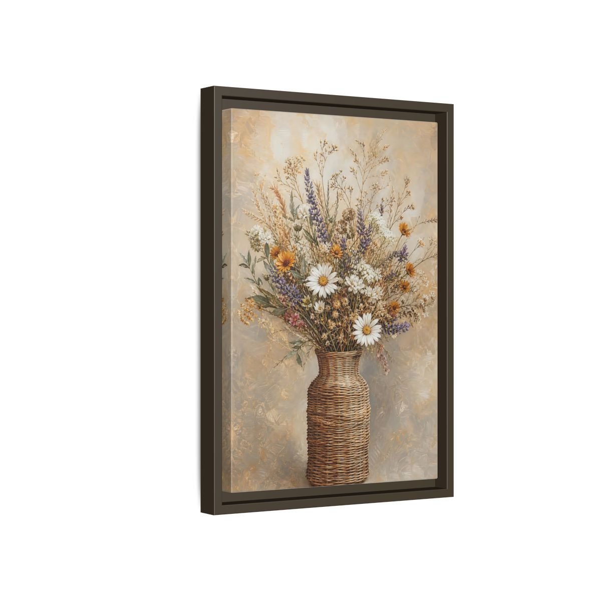 Floral Wildflowers Brown Beige Framed Canvas Print – Rustic Living Room, Above Couch - YesArtYes