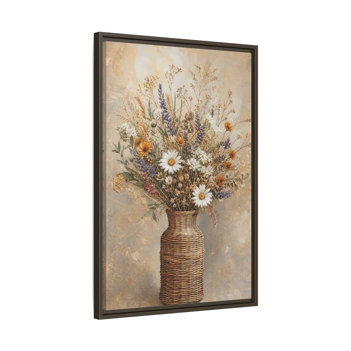 Floral Wildflowers Brown Beige Framed Canvas Print – Rustic Living Room, Above Couch - YesArtYes