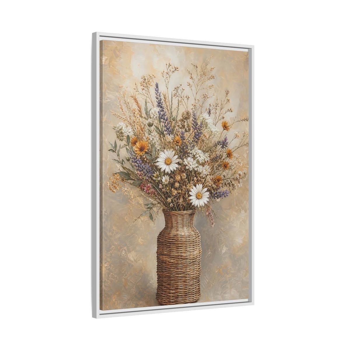 Floral Wildflowers Brown Beige Framed Canvas Print – Rustic Living Room, Above Couch - YesArtYes
