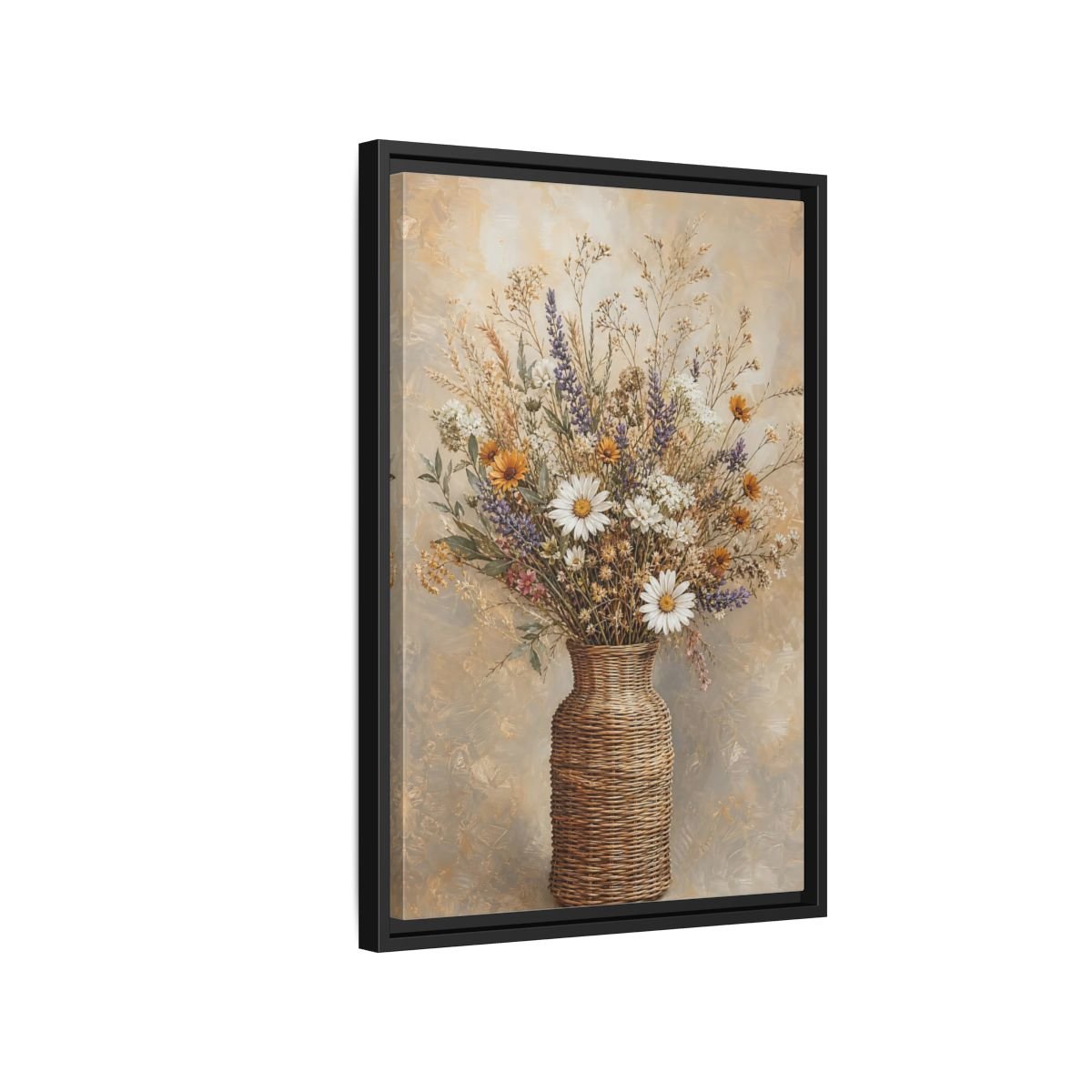 Floral Wildflowers Brown Beige Framed Canvas Print – Rustic Living Room, Above Couch - YesArtYes