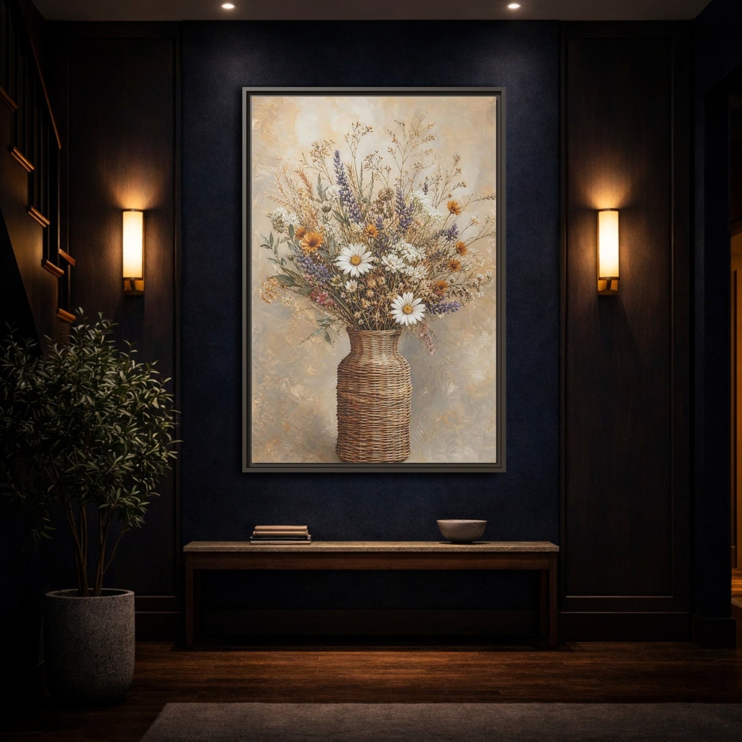 Floral Wildflowers Brown Beige Framed Canvas Print – Rustic Living Room, Above Couch - YesArtYes