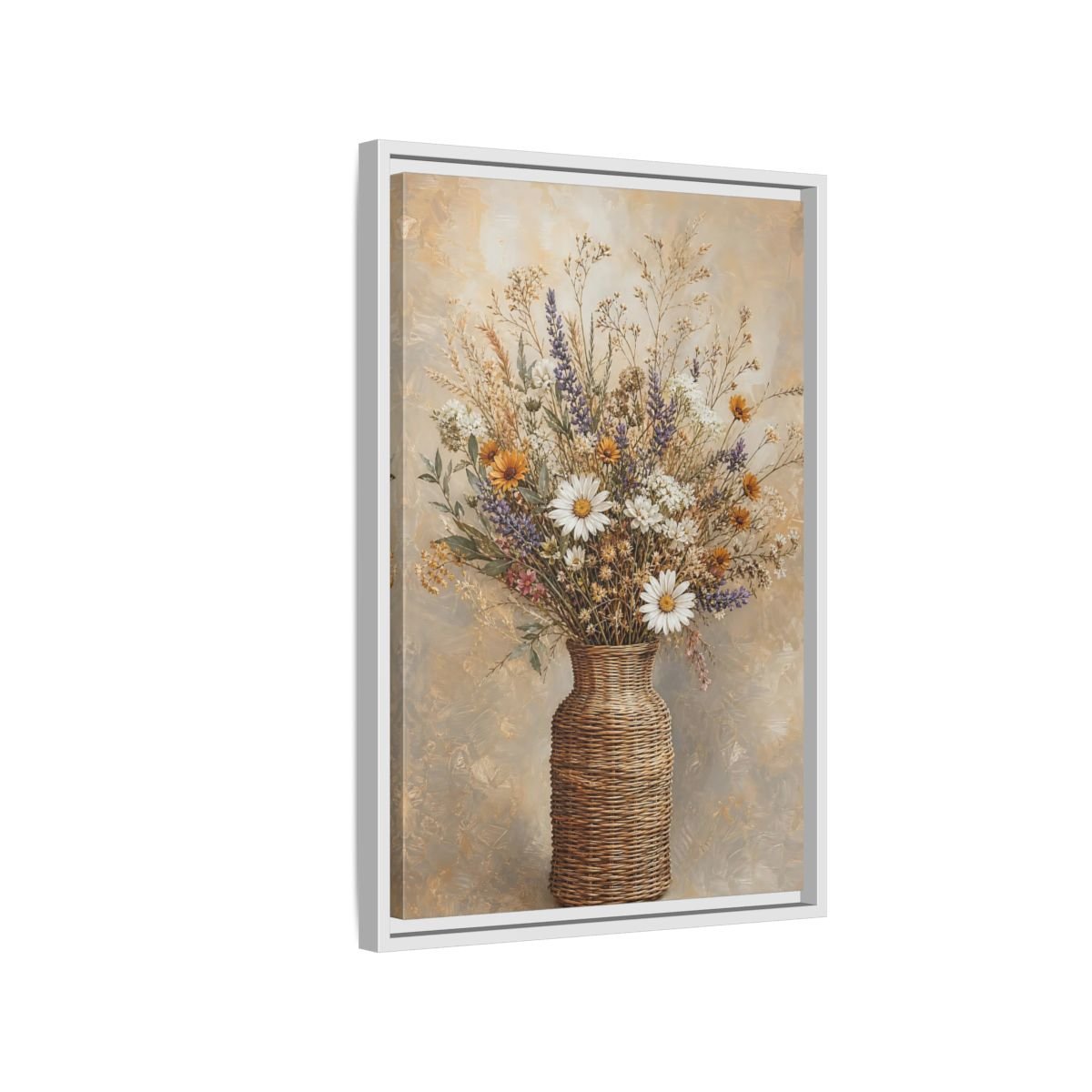 Floral Wildflowers Brown Beige Framed Canvas Print – Rustic Living Room, Above Couch - YesArtYes