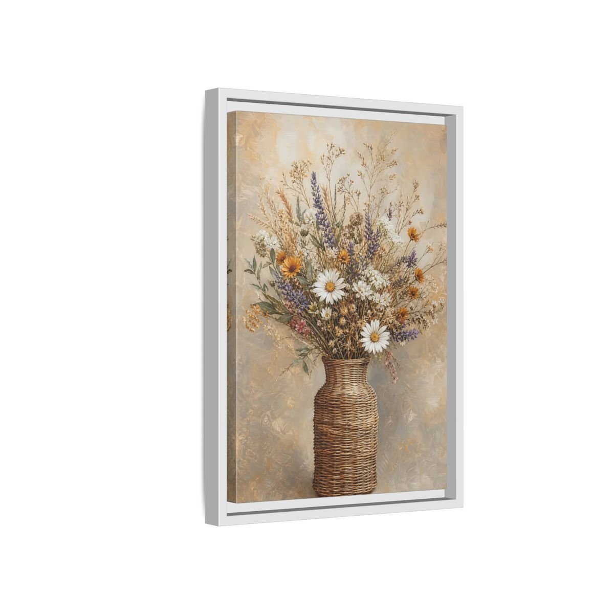 Floral Wildflowers Brown Beige Framed Canvas Print – Rustic Living Room, Above Couch - YesArtYes