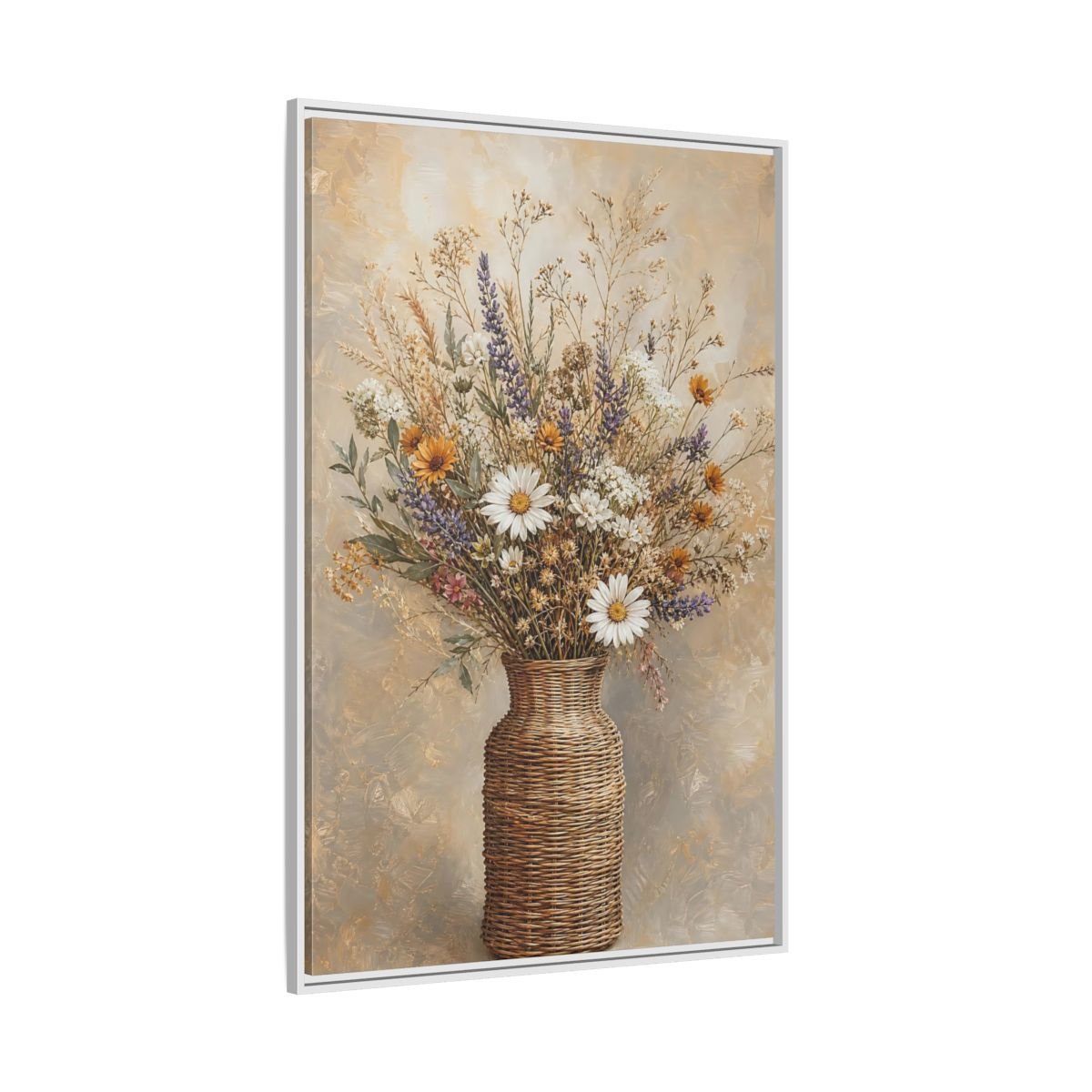 Floral Wildflowers Brown Beige Framed Canvas Print – Rustic Living Room, Above Couch - YesArtYes