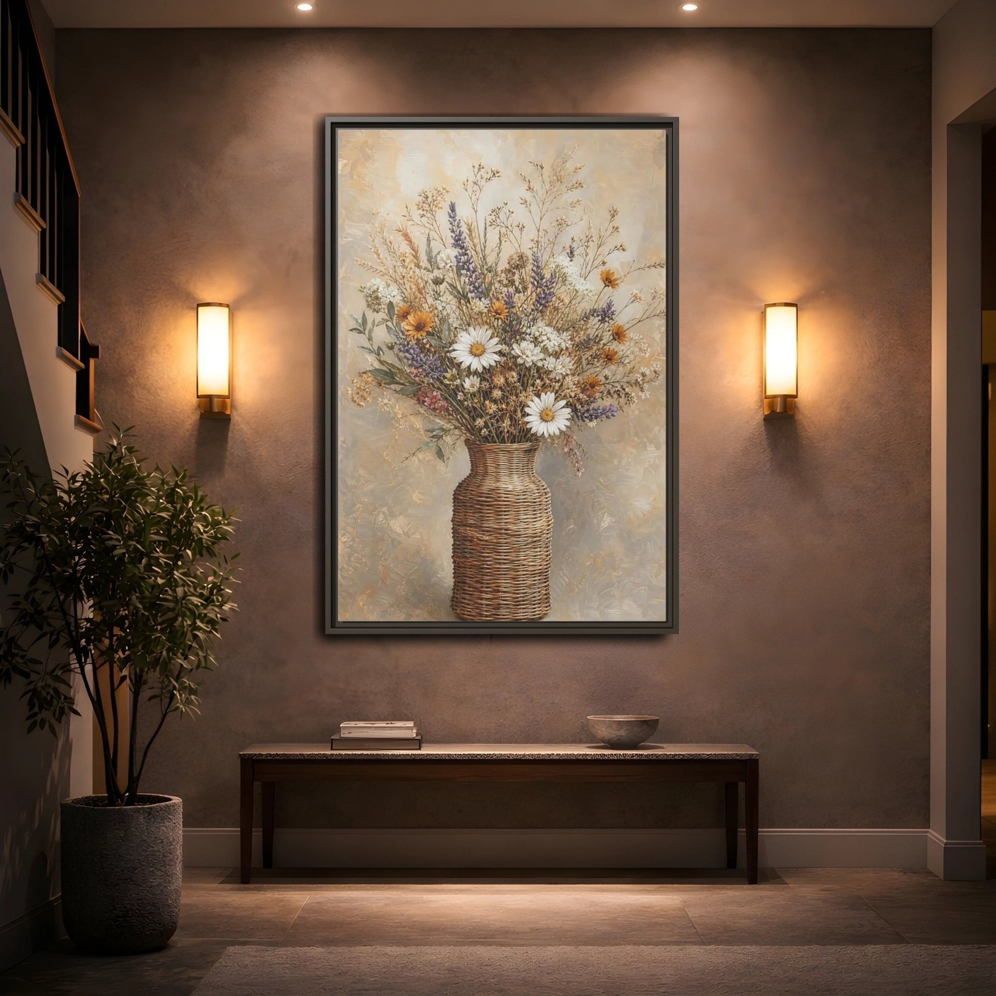 Floral Wildflowers Brown Beige Framed Canvas Print – Rustic Living Room, Above Couch - YesArtYes