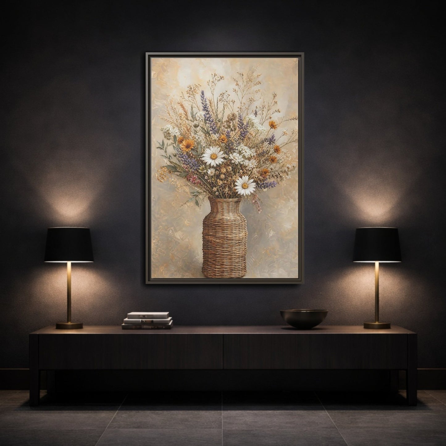 Floral Wildflowers Brown Beige Framed Canvas Print – Rustic Living Room, Above Couch - YesArtYes
