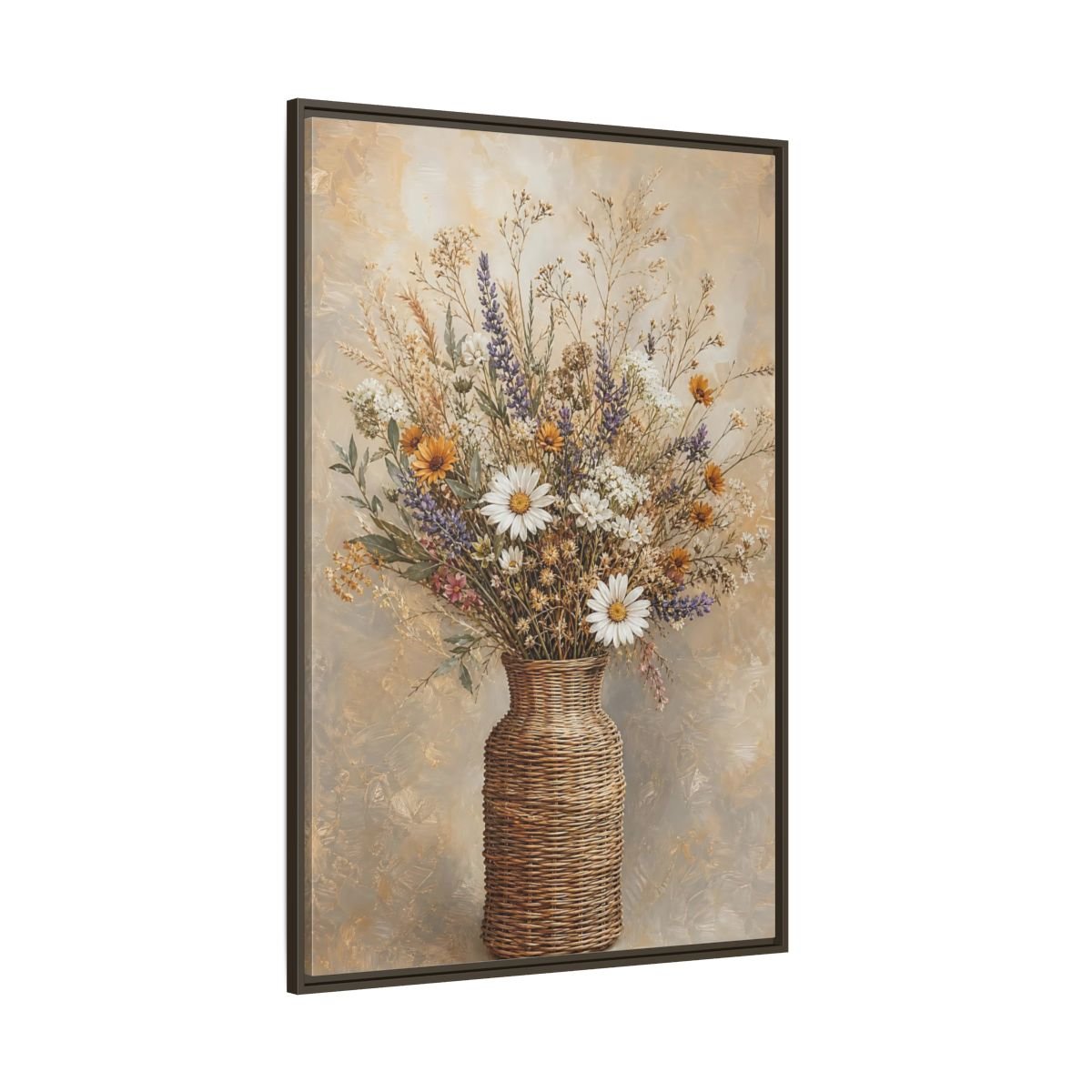Floral Wildflowers Brown Beige Framed Canvas Print – Rustic Living Room, Above Couch - YesArtYes