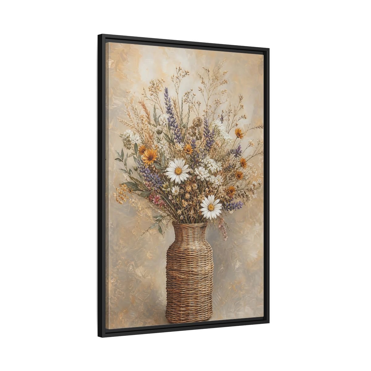 Floral Wildflowers Brown Beige Framed Canvas Print – Rustic Living Room, Above Couch - YesArtYes