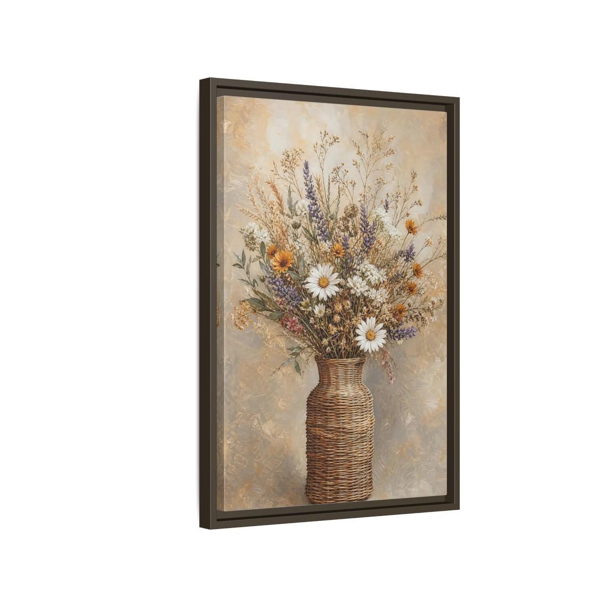 Floral Wildflowers Brown Beige Framed Canvas Print – Rustic Living Room, Above Couch - YesArtYes