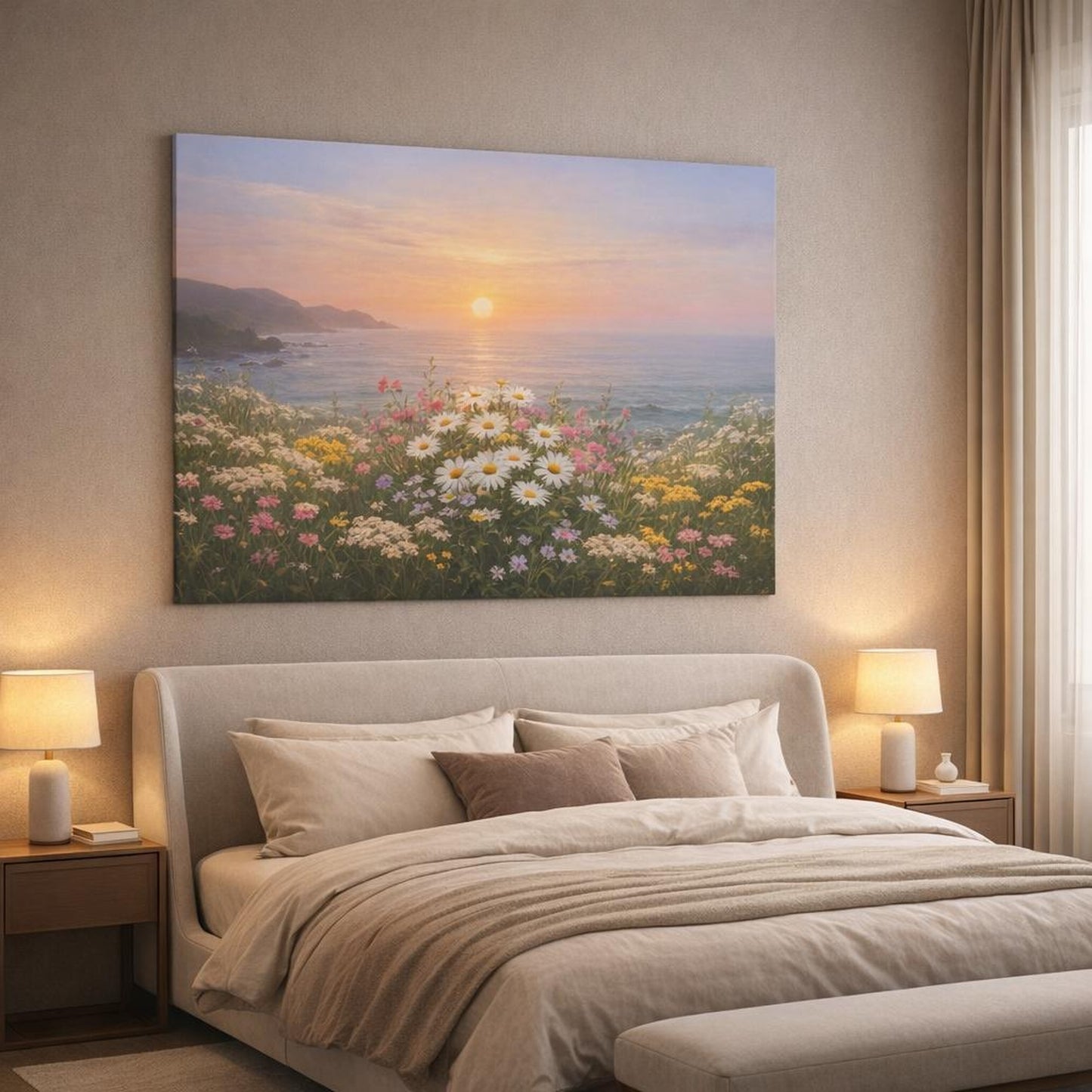 Floral Wildflowers Coastal shown as canvas wall art in a luxury bedroom