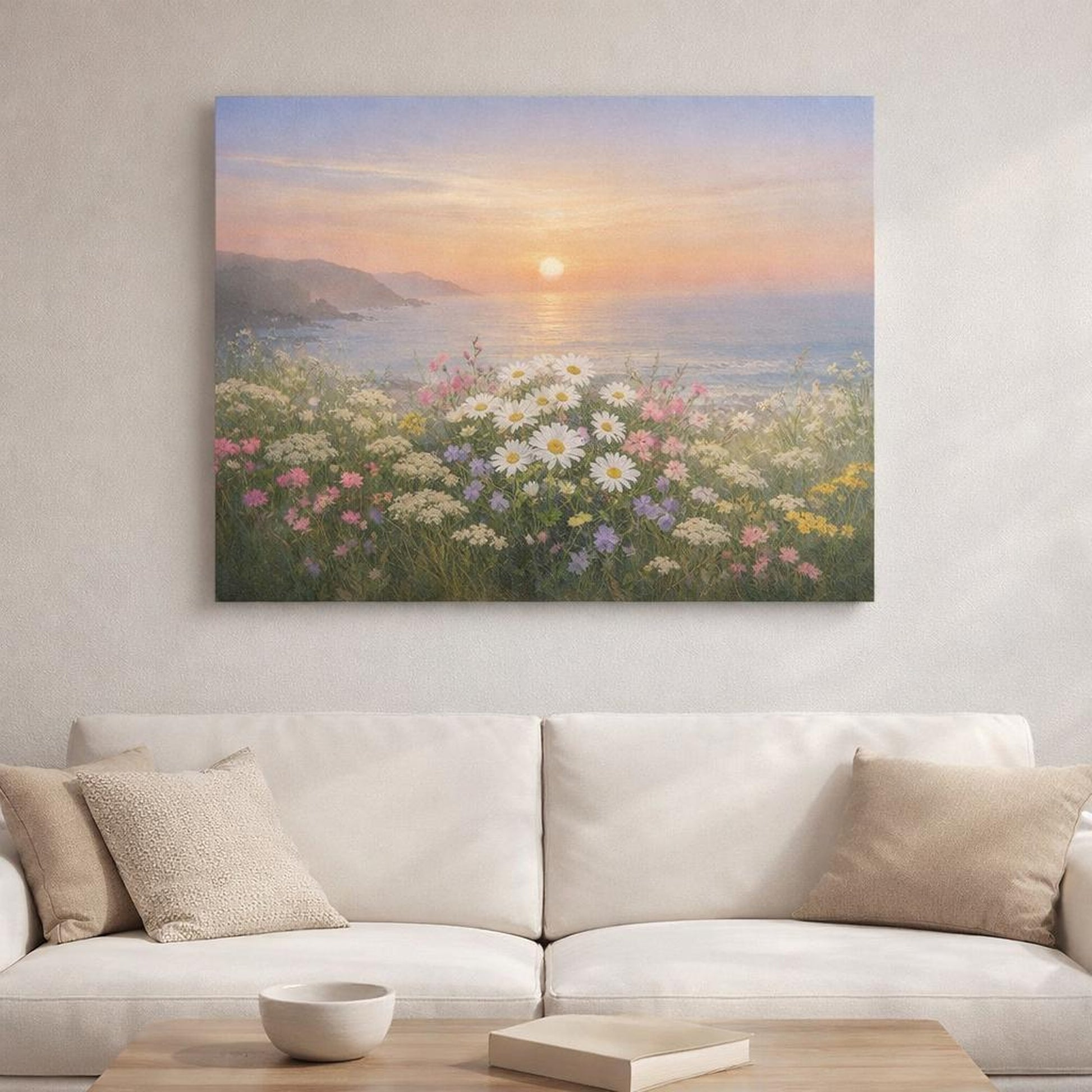 Floral Wildflowers Coastal shown as canvas wall art in a refined dining room