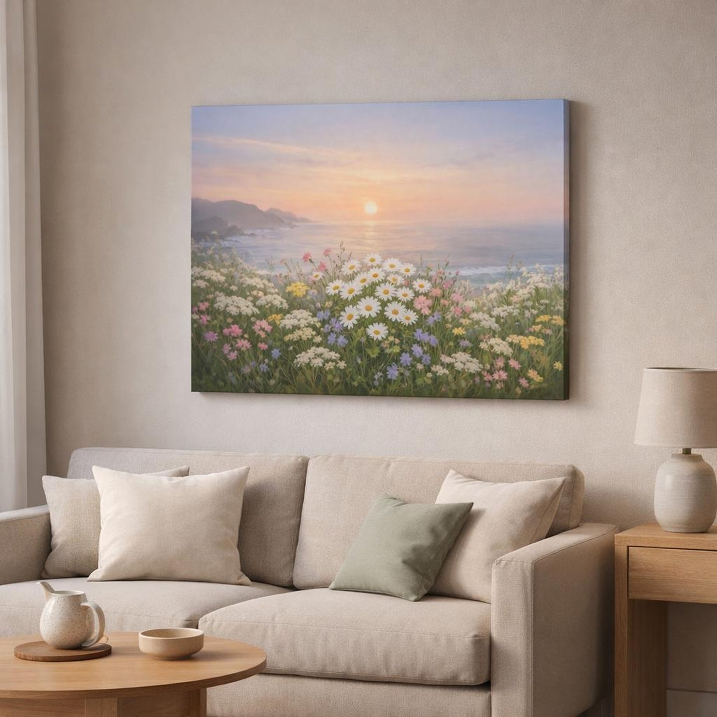 Floral Wildflowers Coastal shown as canvas wall art in a modern living room