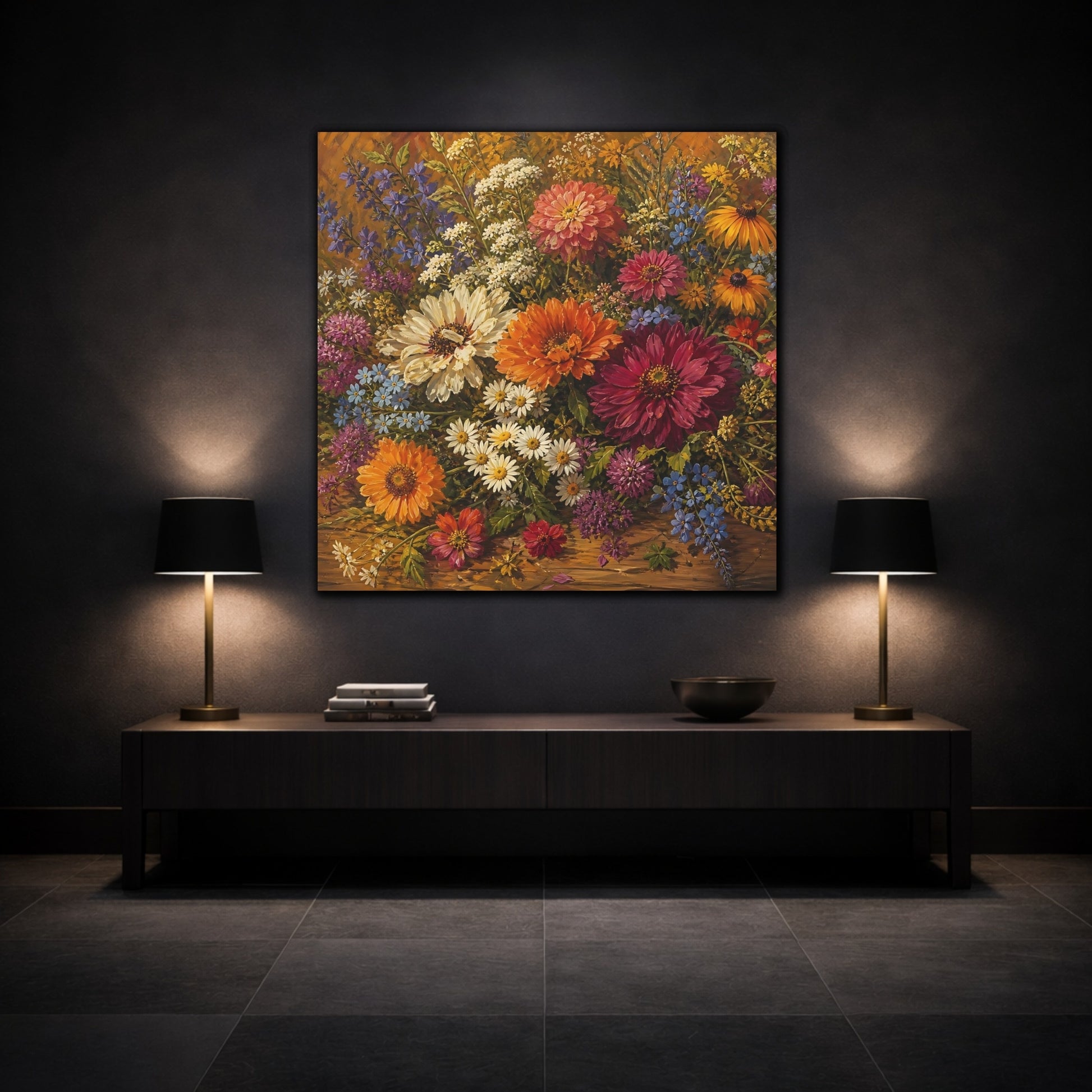 Mockup 3. Floral Wildflowers Colorful Floral shown as stretched canvas wall art